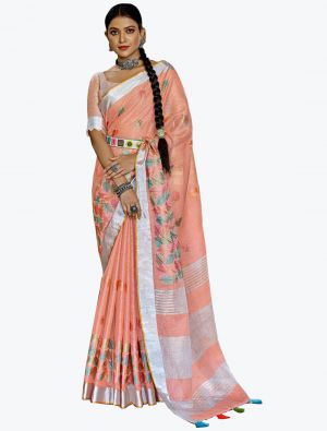 Light Peach Linen Resham Embroidered Party Wear Saree small FABSA21822