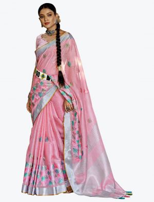 Light Pink Linen Resham Embroidered Party Wear Saree small FABSA21818