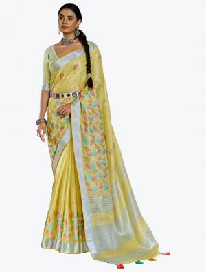 Light Yellow Linen Resham Embroidered Party Wear Saree small FABSA21823