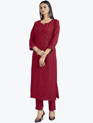 maroon fine rayon embroidered long kurti with palazzo pants fabku20618