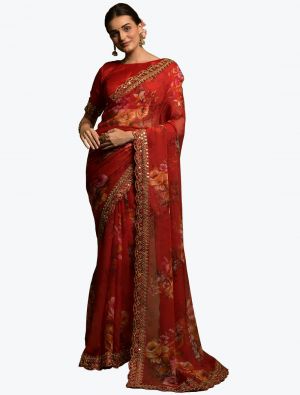 Red Georgette Printed Saree With Sequence Embroidery Work small FABSA21831
