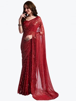 Rich Wine Sequence Embroidered Fancy Party Wear Georgette Saree small FABSA21846