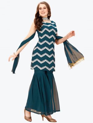 Teal Blue Faux Georgette Embroidered Readymade Sharara Suit FABSL21080