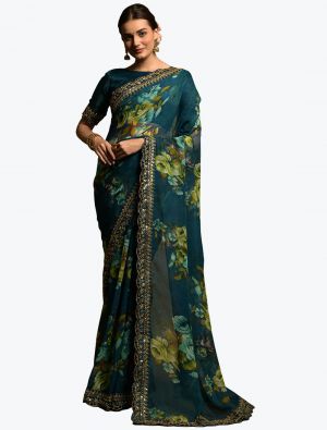 Teal Georgette Printed Saree With Sequence Embroidery Work small FABSA21832