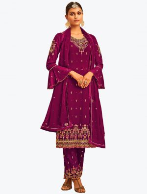Deep Purple Faux Georgette Embroidered Designer Palazzo Suit small FABSL21095