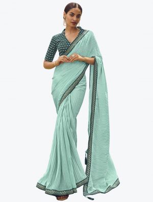 Bottle Green Vichitra Silk Party Wear Crushed Saree small FABSA21851