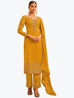 Mustard Yellow Faux Georgette Embroidered Designer Palazzo Suit small FABSL21093