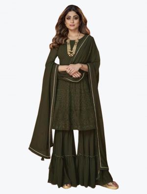 Dark Olive Georgette Embroidered Sharara Suit small FABSL21140