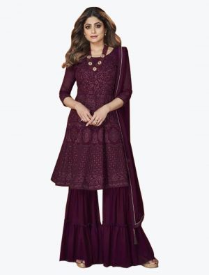 Dark Wine Georgette Embroidered Sharara Suit small FABSL21137