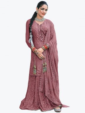 Onion Pink Faux Georgette Embroidered Sharara Suit small FABSL21142