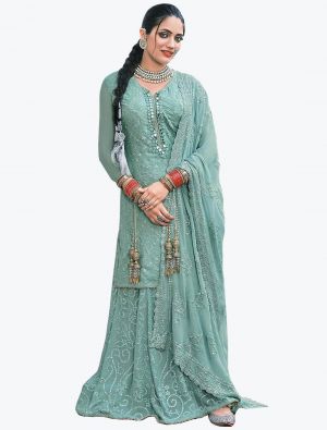 Sky Blue Faux Georgette Embroidered Sharara Suit small FABSL21141