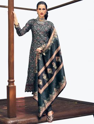 Dark Grey Embroidered Pashmina Suit With Swarovski Work small FABSL21198