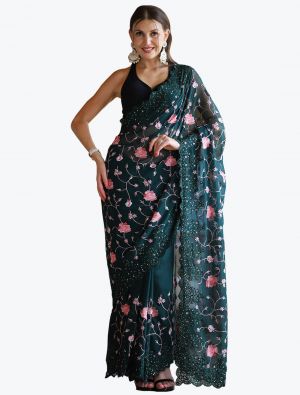 Royal Blue Georgette Party Wear Embroidered Saree small FABSA21858