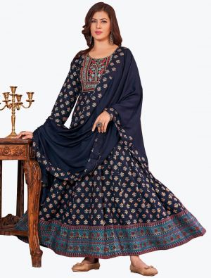 blue rayon embroidered long kurti with dupatta fabku20670