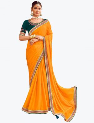 Bright Orange Satin Chiffon Designer Saree