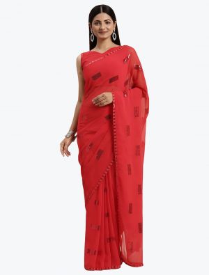 Bright Red Fancy Georgette Saree With Sequins Work