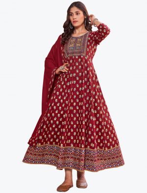 maroon rayon embroidered long kurti with dupatta fabku20663