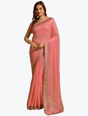Peachy Pink Georgette Party Wear Saree