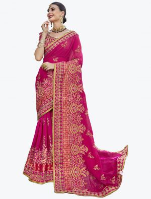 Rani Pink Georgette Zari Embroidered Designer Saree