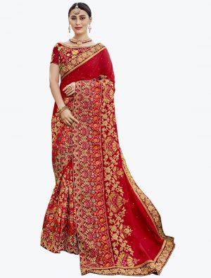 Rich Red Sana Silk Zari Embroidered Designer Saree