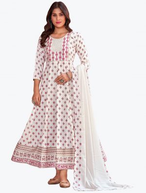 white rayon embroidered long kurti with dupatta fabku20665