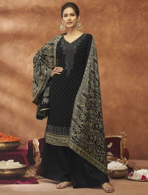 Black Georgette Semi Stitched Embroidered Palazzo Suit thumbnail FABSL21309