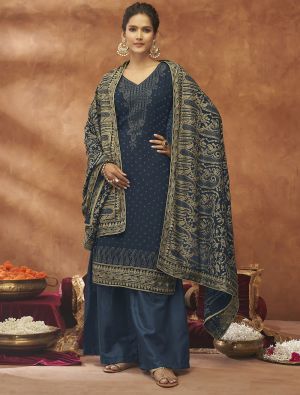 Blue Georgette Semi Stitched Embroidered Palazzo Suit thumbnail FABSL21307