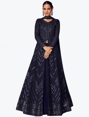 Dark Blue Faux Georgette Anarkali Suit With Sequins Work small FABSL21283