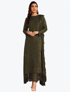 Dark Green Faux Georgette Embroidered Pakistani Suit small FABSL21271