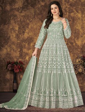 Green Net Anarkali Suit With Thread Embroidery Work small FABSL21280