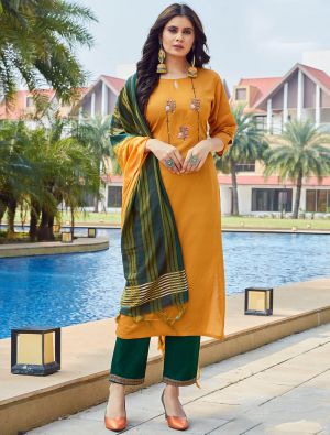 Mustard Viscose Dobby Readymade Palazzo Suit With Hand Work FABSL21295