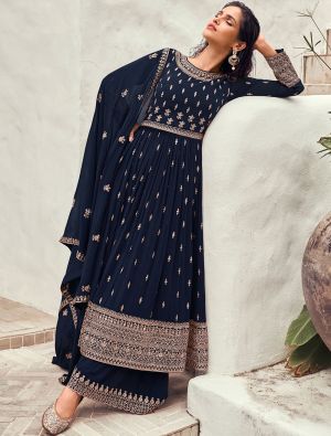 Navy Blue Faux Georgette Embroidered Sharara Suit small FABSL21276