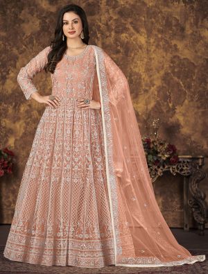 Peach Net Anarkali Suit With Thread Embroidery Work small FABSL21282