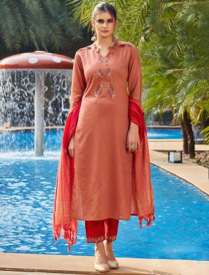 Peach Viscose Dobby Readymade Palazzo Suit With Hand Work FABSL21300