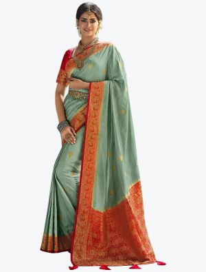 Pista Green Satin Silk Woven Designer Saree