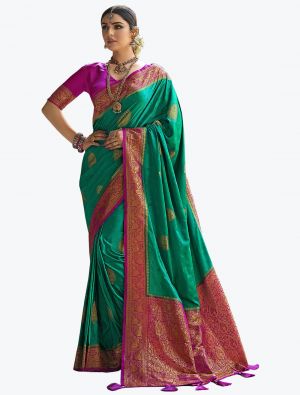 Rama Green Satin Silk Woven Designer Saree