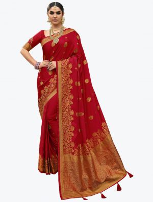 Rich Red Satin Silk Woven Designer Saree