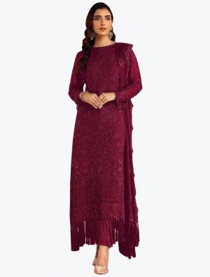 Rich Wine Faux Georgette Embroidered Pakistani Suit small FABSL21269