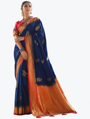 Royal Blue Satin Silk Woven Designer Saree
