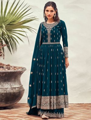 Teal Blue Faux Georgette Embroidered Sharara Suit thumbnail FABSL21274