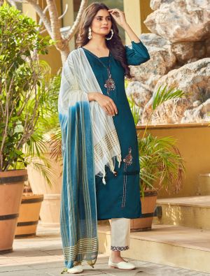 Teal Viscose Dobby Readymade Palazzo Suit With Hand Work FABSL21297