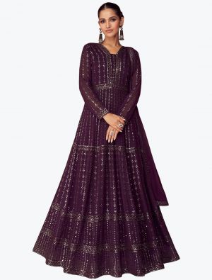 Wine Faux Georgette Anarkali Suit With Sequins Work small FABSL21286
