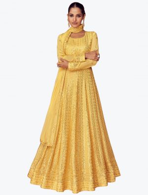 Yellow Faux Georgette Anarkali Suit With Sequins Work small FABSL21285