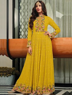 Yellow Georgette Anarkali Suit With Thread Work And Sequin small FABSL21287