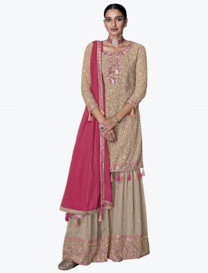 Beige Faux Georgette Sharara Suit With Thread Work small FABSL21332