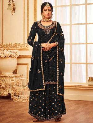 Black Faux Georgette Sharara Suit With Sequins Work small FABSL21341
