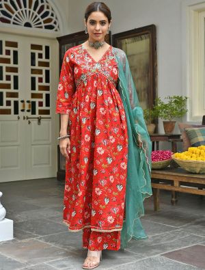 Bright Red Premium Cotton Readymade Palazzo Suit swatch FABSL21389