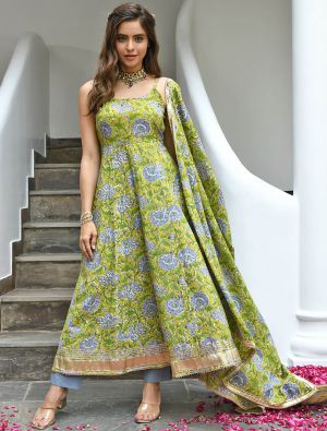 Light Green Cotton Floral Printed Readymade Palazzo Suit FABSL21367