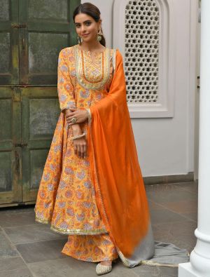 Mustard Cotton Floral Printed Readymade Palazzo Suit FABSL21368