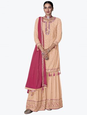 Peach Faux Georgette Sharara Suit With Thread Work small FABSL21336